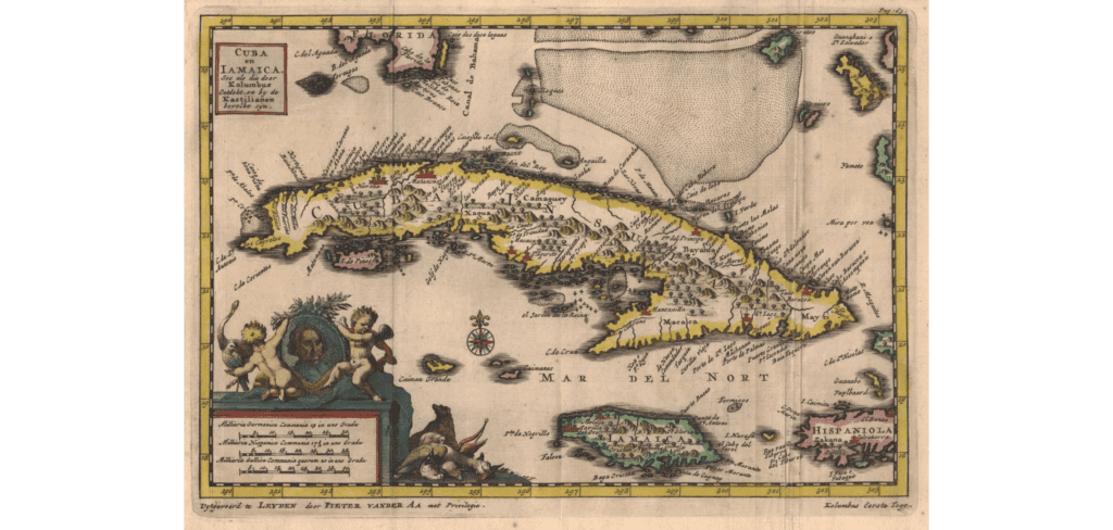Map of (4e) Cuba en Iamaica (mapa de un atlas). 1728. Pieter van der Aa.