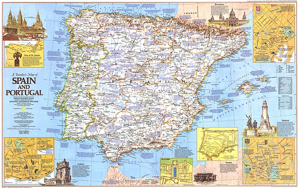 National Geographic Map of Spain and Portugal from 1984. Includes mini features of cities (Barcelona, Madrid, Strabo, Grenada, Lisbon, and Way of St. James) with paragraphs and city diagrams. 